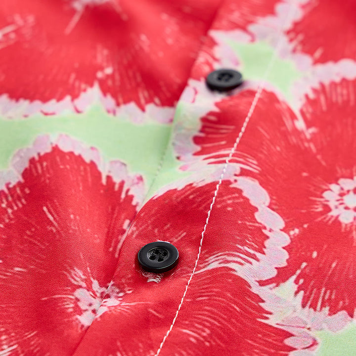 Vibrant Red Flower & Green Base Pattern Vacation Shirt - image 5