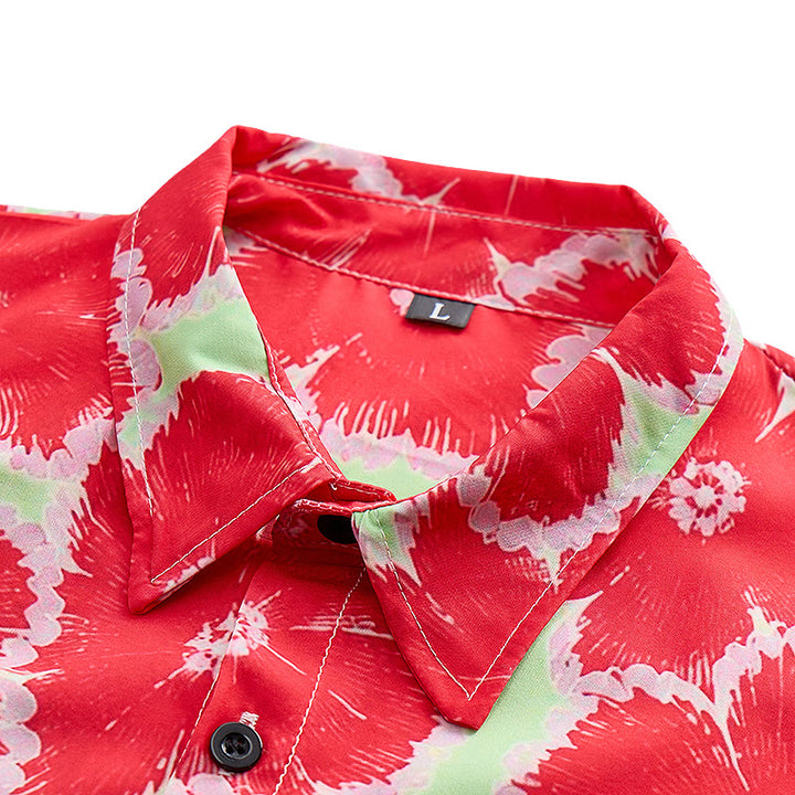 Vibrant Red Flower & Green Base Pattern Vacation Shirt - image 4