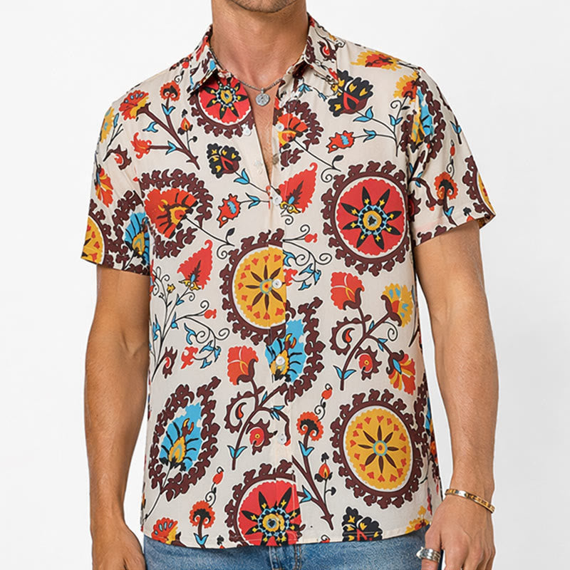 Retro Boho Red & Yellow Mandala Flower Pattern Shirt - image 1