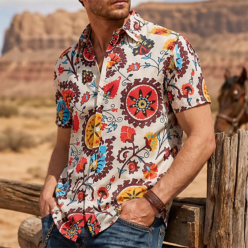 Retro Boho Red & Yellow Mandala Flower Pattern Shirt - Red & Yellow - 3XL - image 0