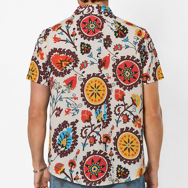 Retro Boho Red & Yellow Mandala Flower Pattern Shirt - image 2