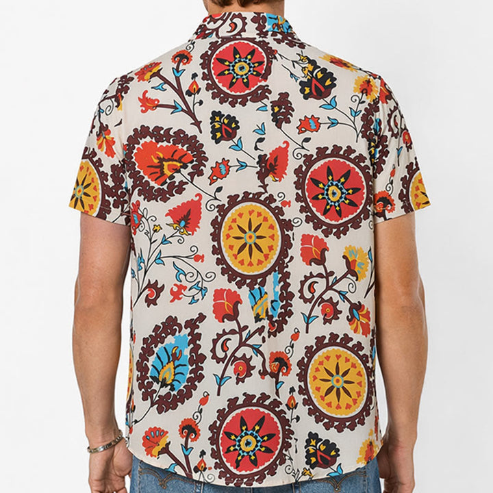 Retro Boho Red & Yellow Mandala Flower Pattern Shirt - image 2