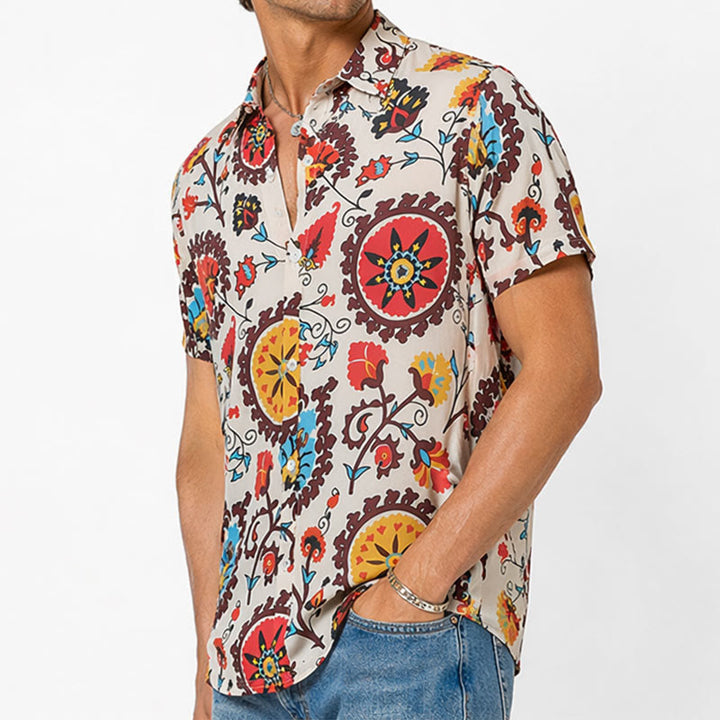 Retro Boho Red & Yellow Mandala Flower Pattern Shirt - image 3