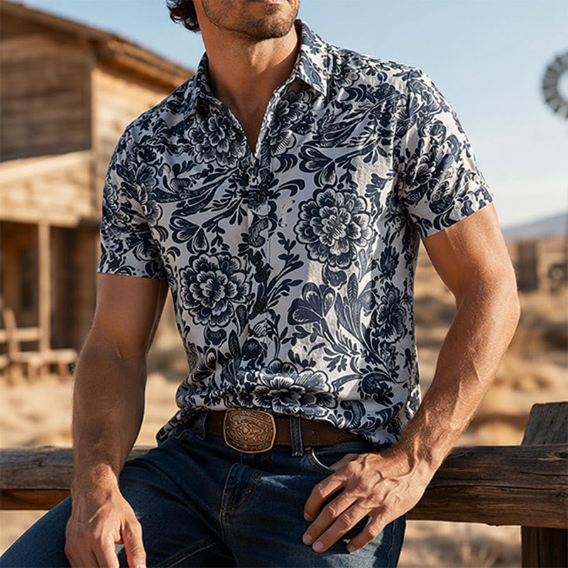Minimalist Navy Blue Floral Button-Down Summer Shirt - Navy Blue - 3XL - image 0