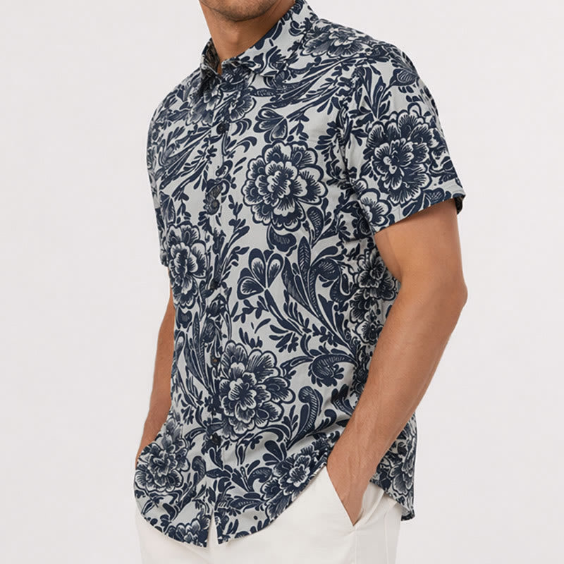 Minimalist Navy Blue Floral Button-Down Summer Shirt - image 3