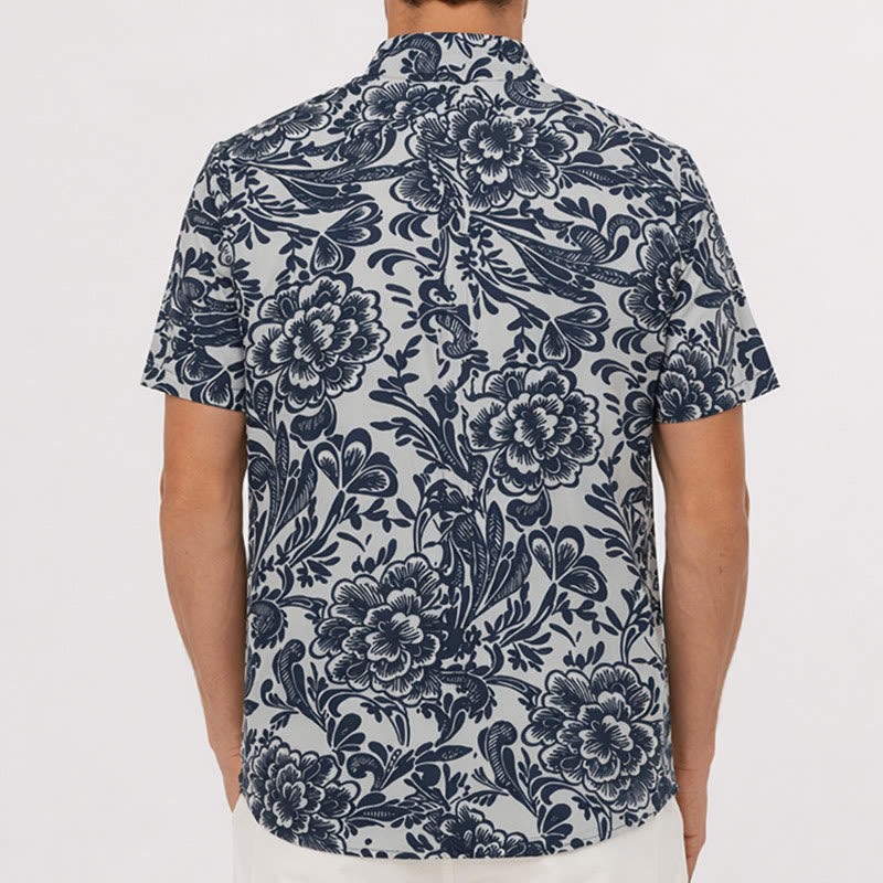 Minimalist Navy Blue Floral Button-Down Summer Shirt - image 2