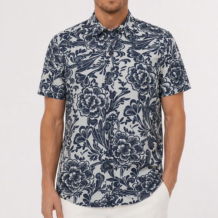 Minimalist Navy Blue Floral Button-Down Summer Shirt - image 1