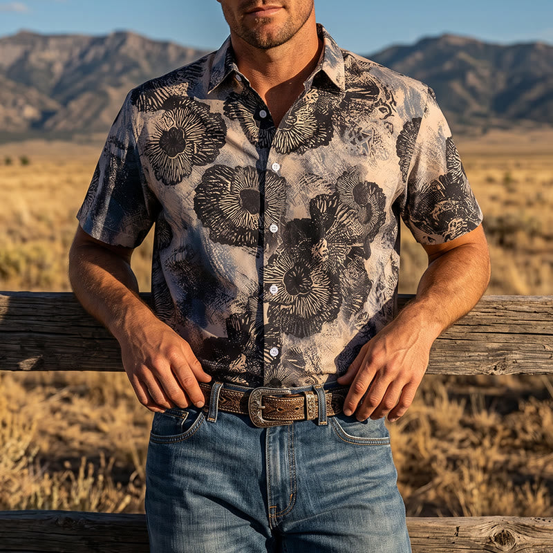 Dark Floral Monochrome Poppy Print Casual Shirt - Black & Beige - 3XL - image 0