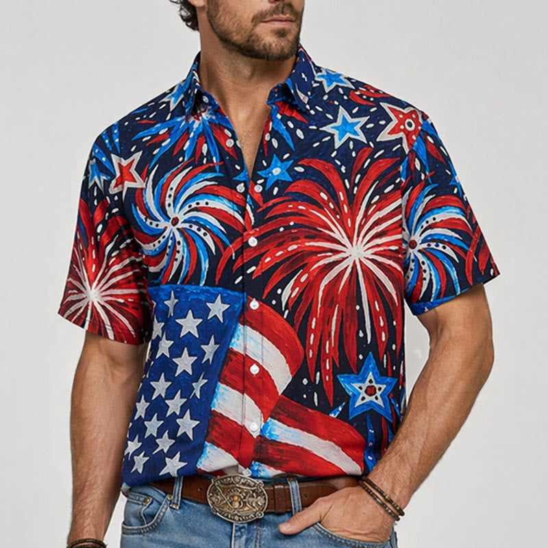 American Flag & Firework Print Patriotic Summer Shirt - image 1