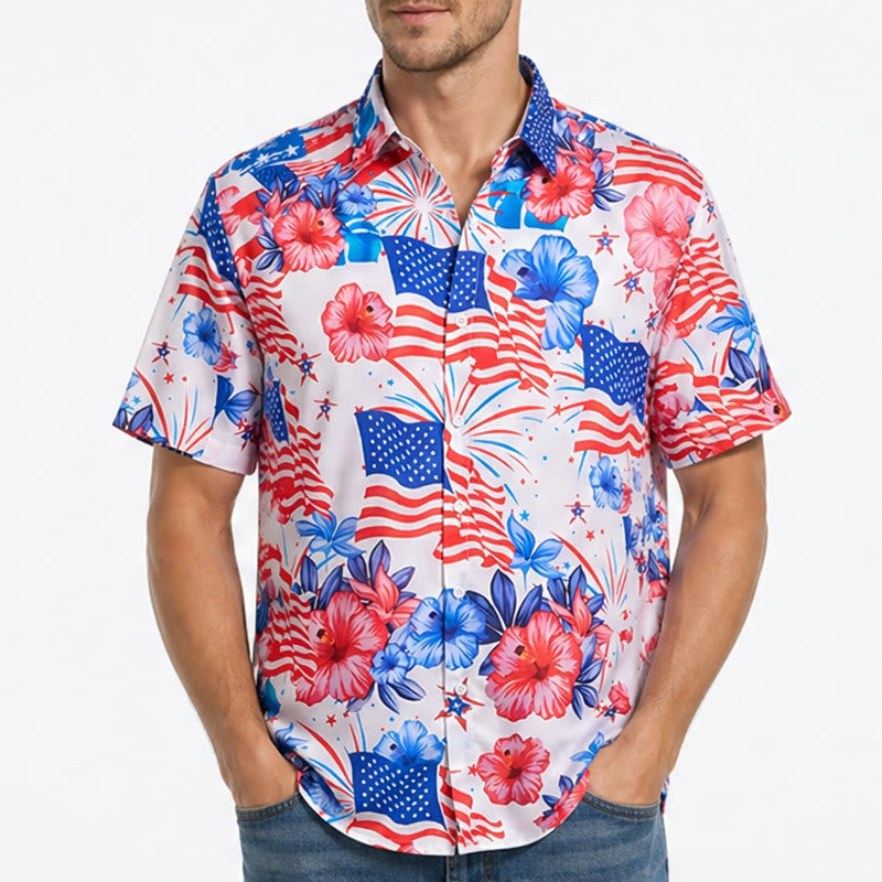 Patriotic Hibiscus & American Flag Firework All-Over Print Shirt - image 1