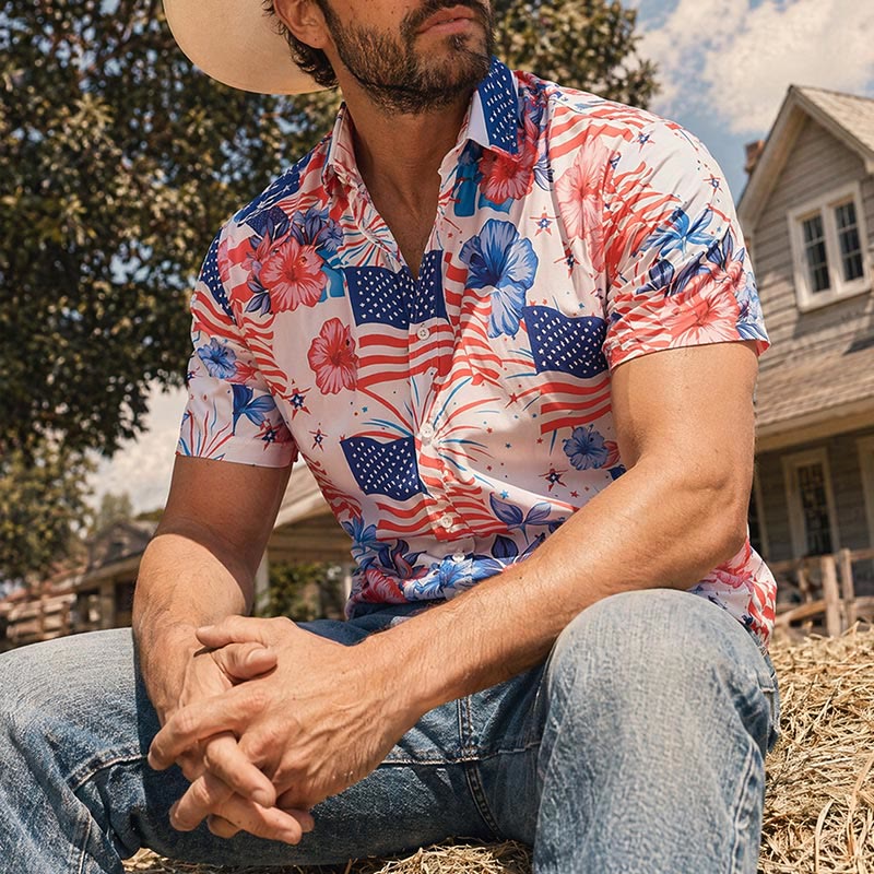 Patriotic Hibiscus & American Flag Firework All-Over Print Shirt - Red & Blue - 4XL - image 0