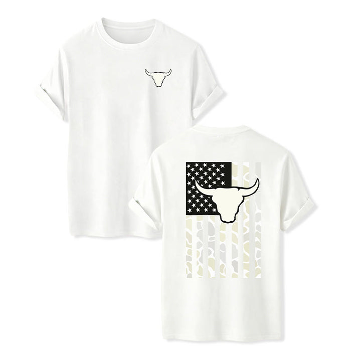 Patriotic Western American Flag Bull Skull T-shirt - White - 2XL - image 7