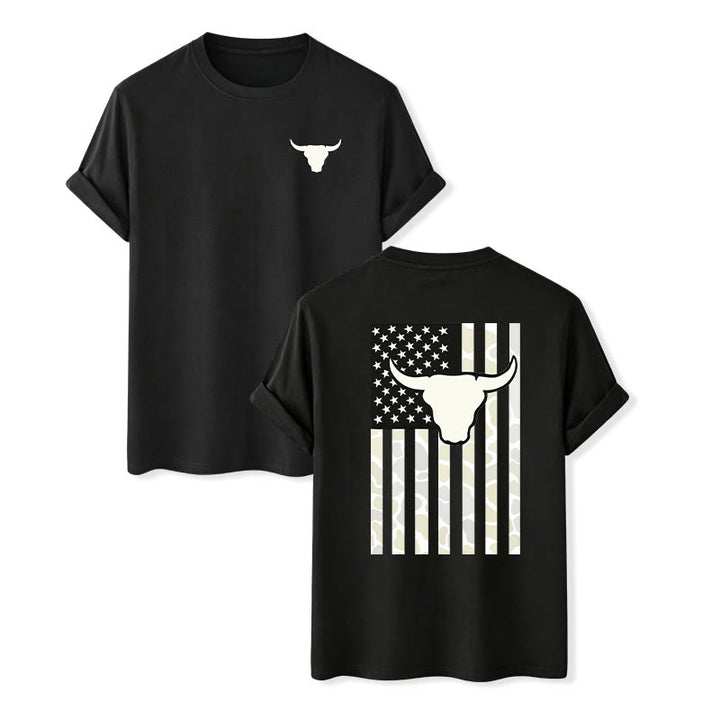 Patriotic Western American Flag Bull Skull T-shirt - Black - 2XL - image 1