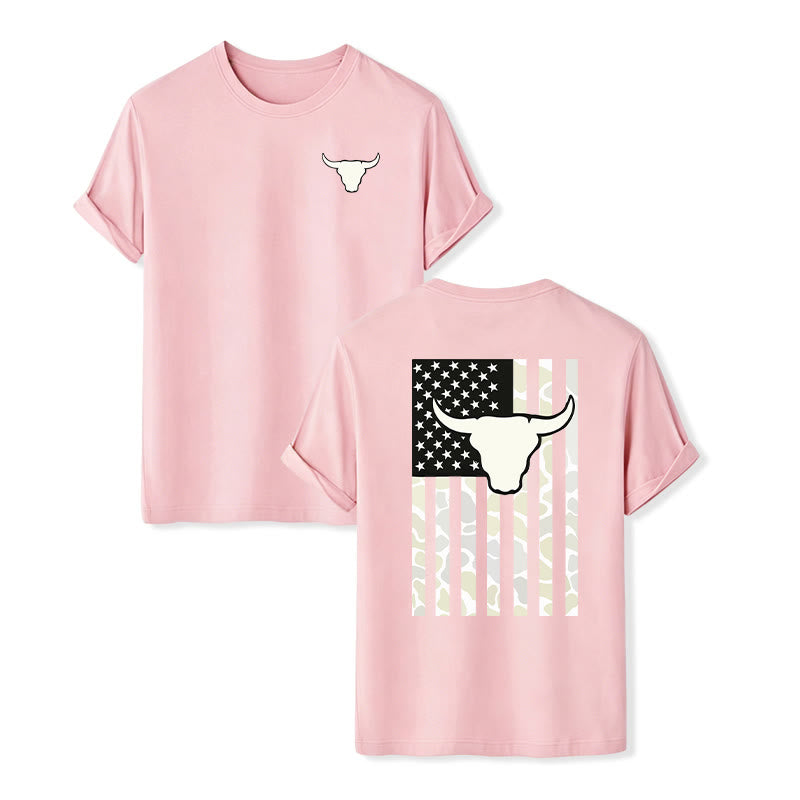 Patriotic Western American Flag Bull Skull T-shirt - Pink - 2XL - image 8