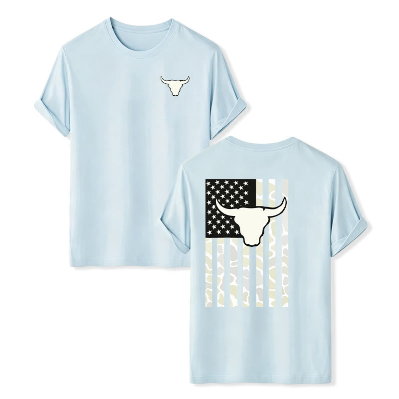 Patriotic Western American Flag Bull Skull T-shirt - Blue - 2XL - image 10