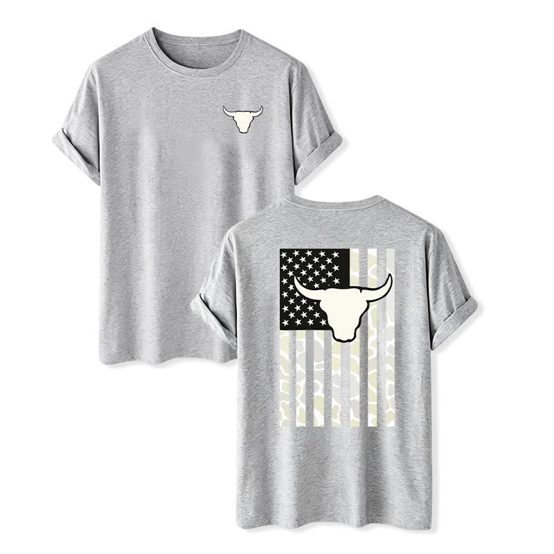 Patriotic Western American Flag Bull Skull T-shirt - Gray - 2XL - image 9