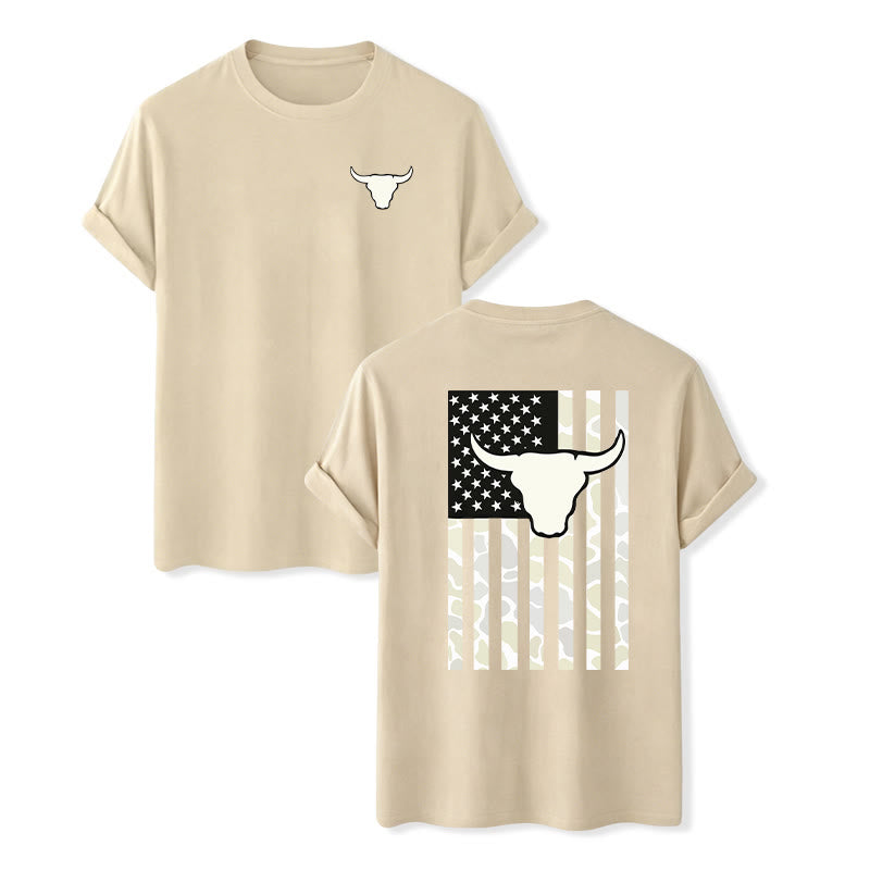 Patriotic Western American Flag Bull Skull T-shirt - Beige - 2XL - image 12