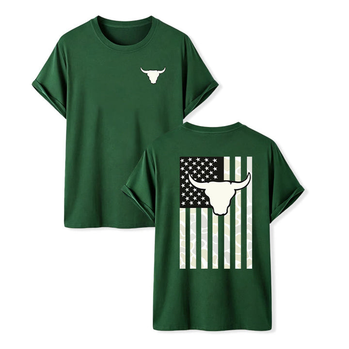 Patriotic Western American Flag Bull Skull T-shirt - Dark Green - 2XL - image 13