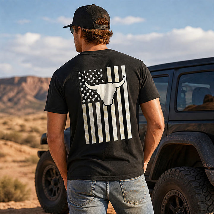 Patriotic Western American Flag Bull Skull T-shirt - image 0