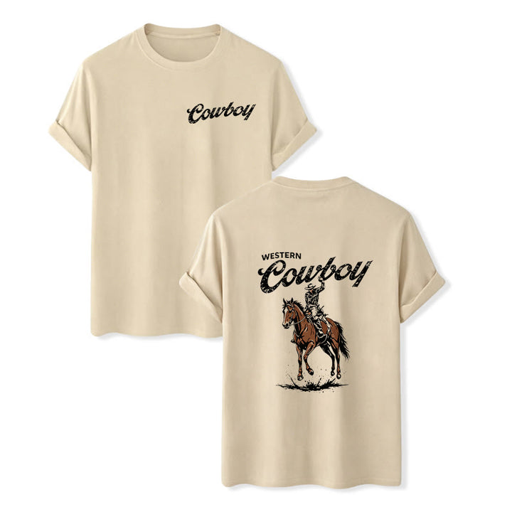 Retro Horseback Rider Print Casual Summer T-shirt - Beige - 2XL - image 11
