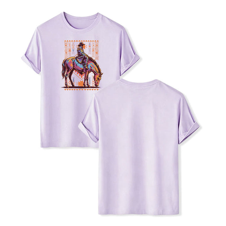 Colorful Aztec Horse Rider Art Print Western T-shirt - Violet - 2XL - image 12