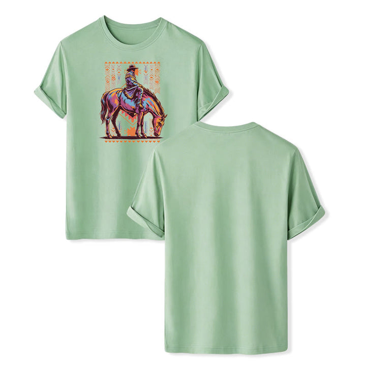 Colorful Aztec Horse Rider Art Print Western T-shirt - Green - 2XL - image 11