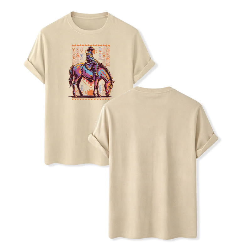 Colorful Aztec Horse Rider Art Print Western T-shirt - Beige - 2XL - image 1