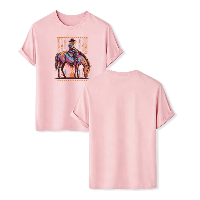 Colorful Aztec Horse Rider Art Print Western T-shirt - Pink - 2XL - image 8