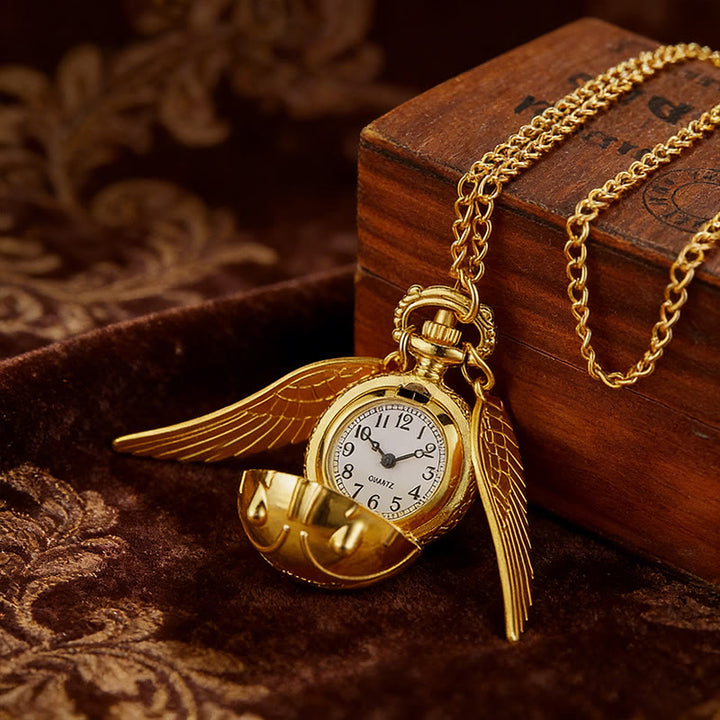 Golden Winged Round Ball Pocket Watch Necklace - image 3