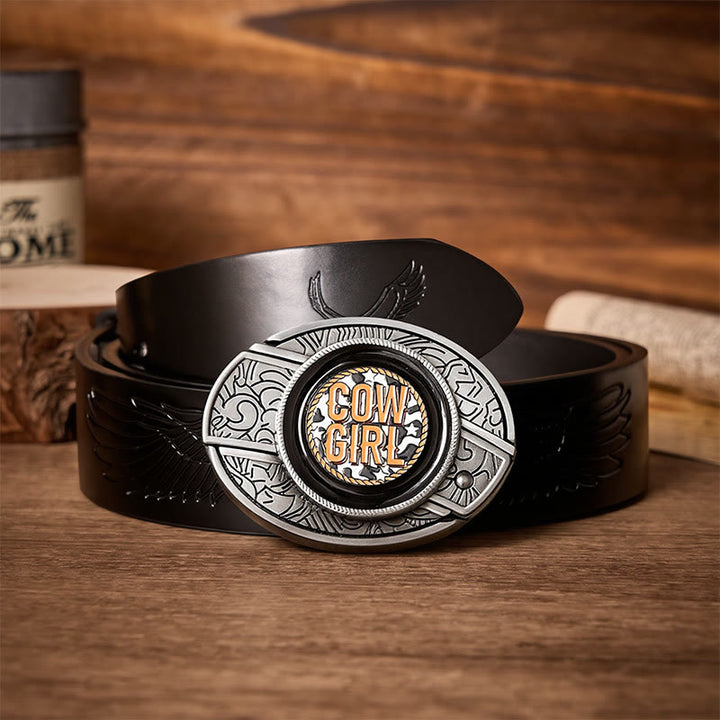 Cowgirl Attitude DIY Hidden Folding Knife Buckle Leather Belt - Cowgirl - Black Embossed Eagle Belt - 42 - image 2
