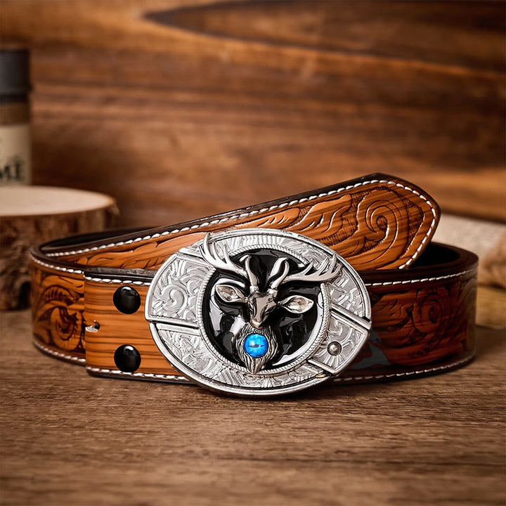 Mystic Stag Head DIY Hidden Folding Knife Buckle Leather Belt - Stag - Brown Feather Belt - 40 - image 7