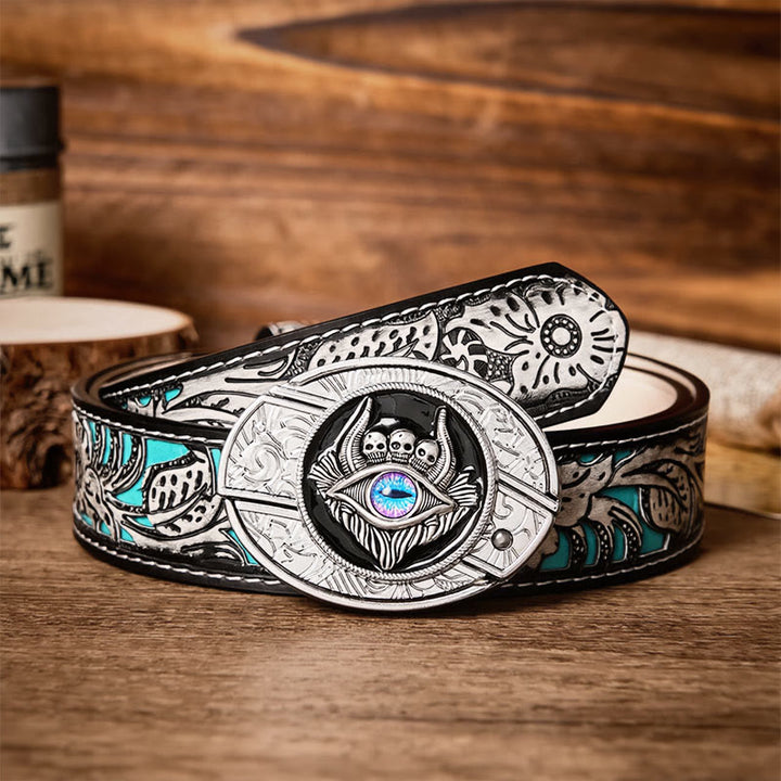 Third Eye Triple Skull DIY Hidden Folding Knife Buckle Leather Belt - Third Eye - Gray Floral Belt - 42 - image 8