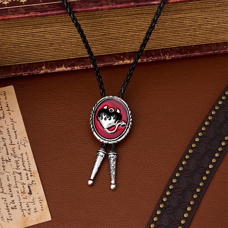 Devil's Flaming Heart Western Pendant Bolo Tie - Black - image 0