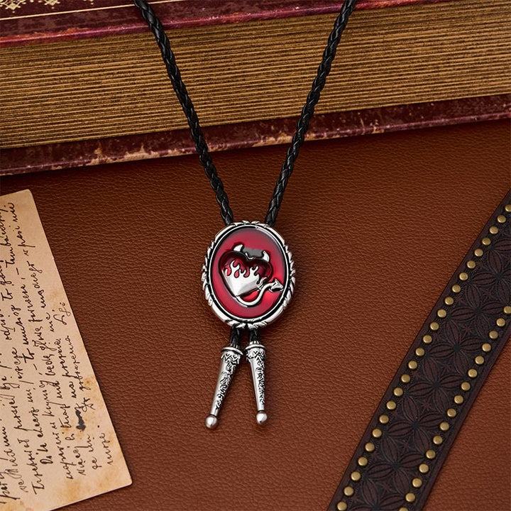 Devil's Flaming Heart Western Pendant Bolo Tie - Red - image 2