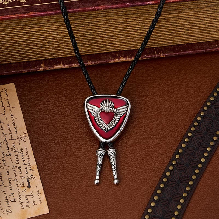 Retro Western Winged Sacred Heart Bolo Tie - Red - image 0