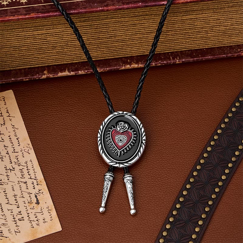 Twisted Border Oval Sacred Heart All Seeing Eye Rose Bolo Tie - Red&Black - image 0