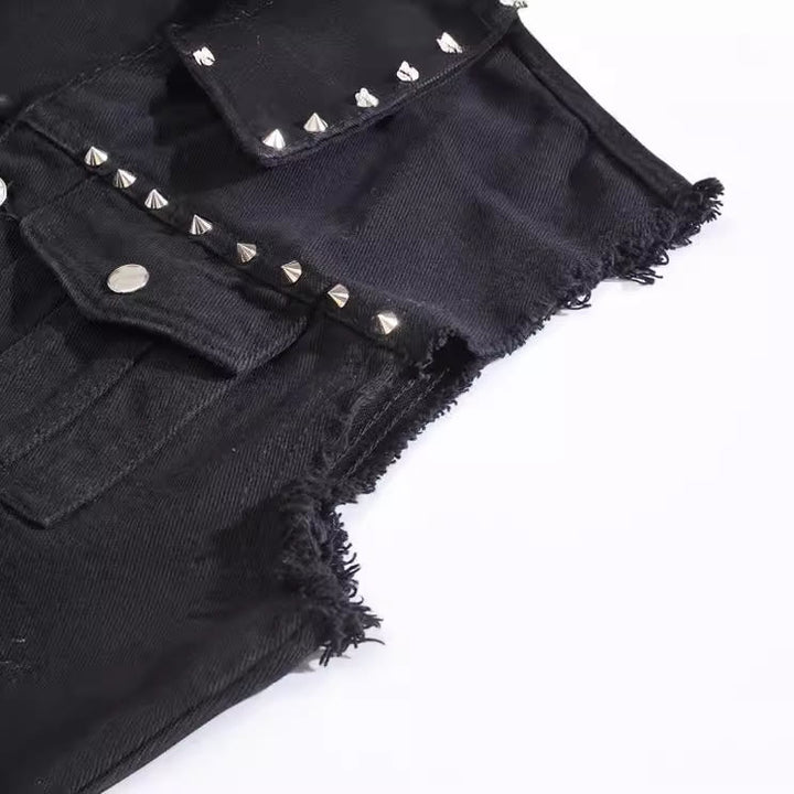 Spiked Collar Punk Rock Studded Black Denim Vest - image 8
