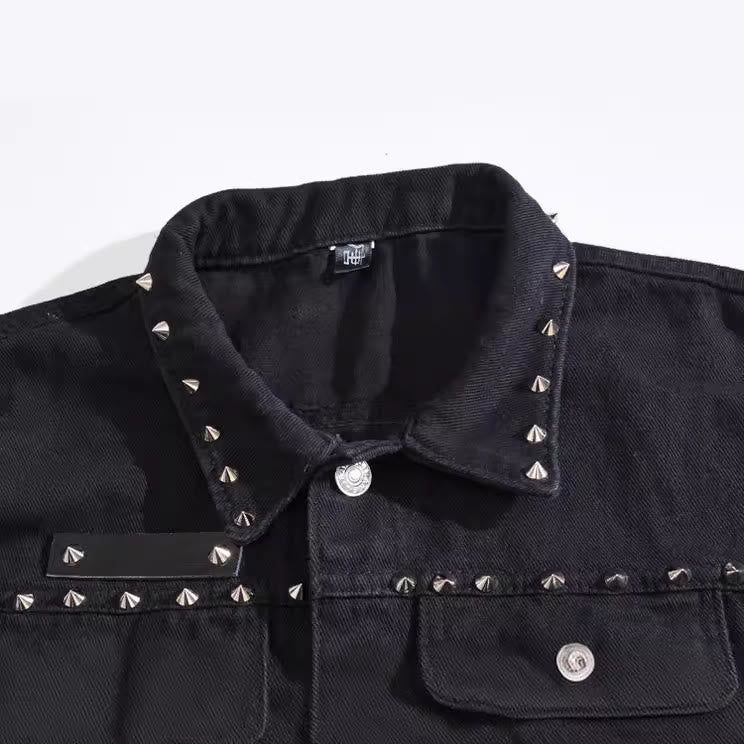 Spiked Collar Punk Rock Studded Black Denim Vest - image 3