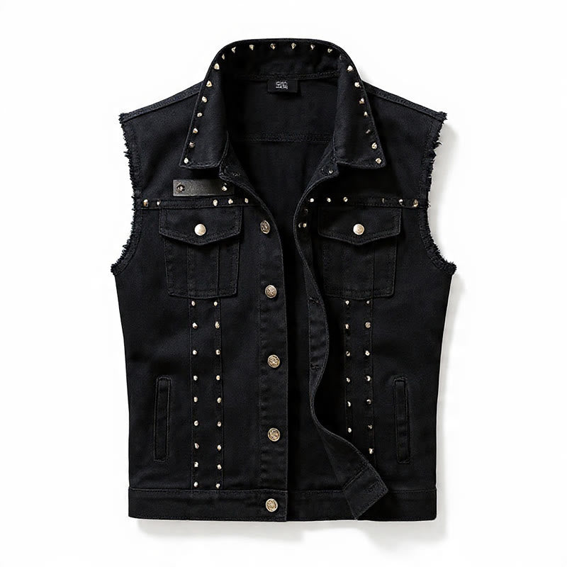 Spiked Collar Punk Rock Studded Black Denim Vest - image 9