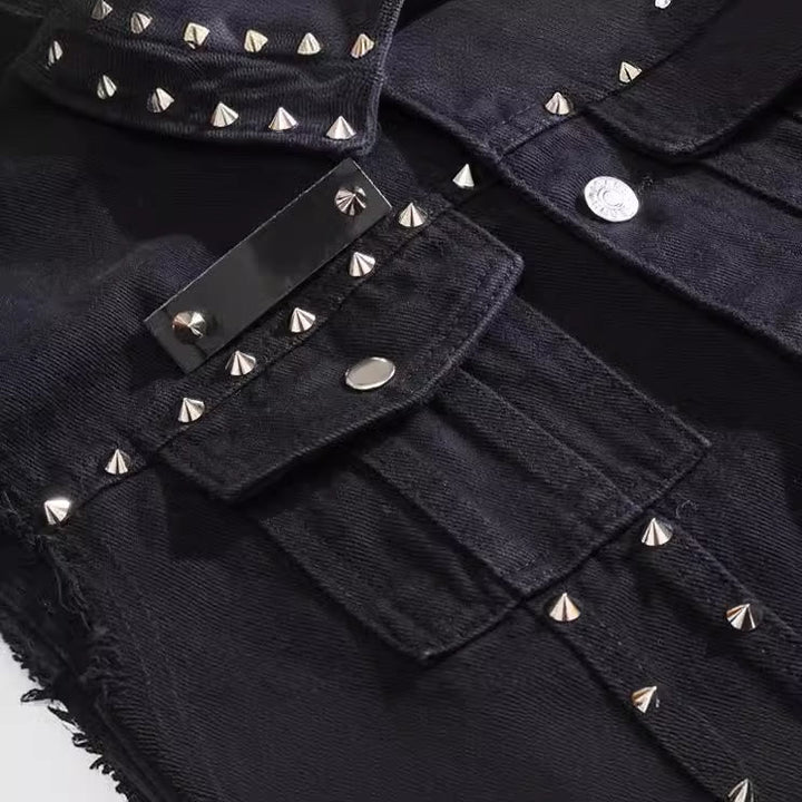 Spiked Collar Punk Rock Studded Black Denim Vest - image 4
