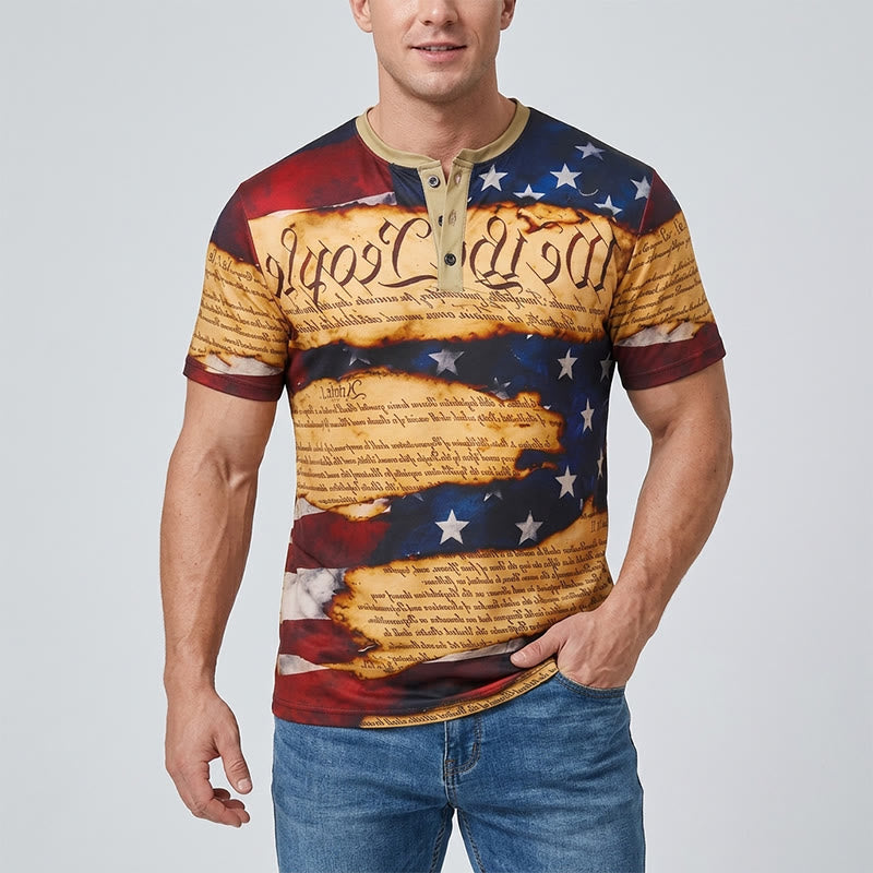 Men's Vintage Text Design American Flag Print Henley Shirt - image 1