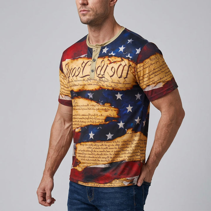 Men's Vintage Text Design American Flag Print Henley Shirt - image 2