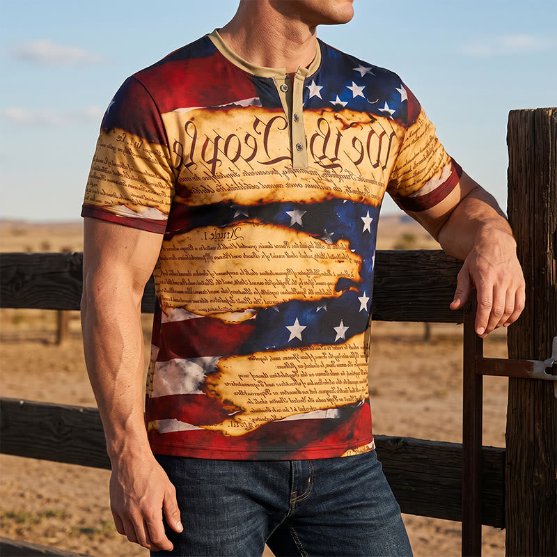Men's Vintage Text Design American Flag Print Henley Shirt - Multicolor - 5XL - image 0