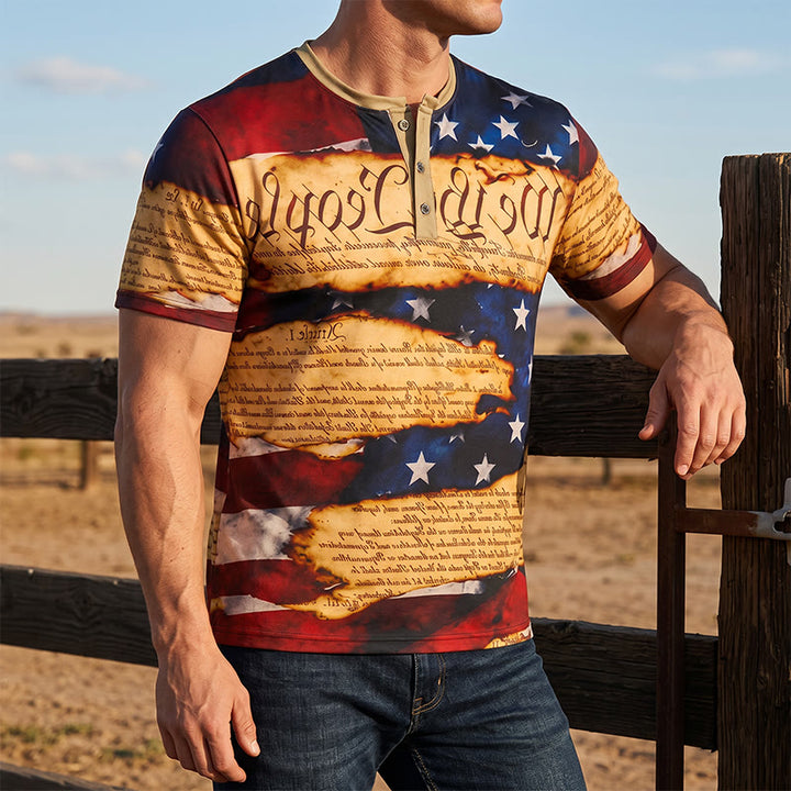 Men's Vintage Text Design American Flag Print Henley Shirt - Multicolor - 5XL - image 0