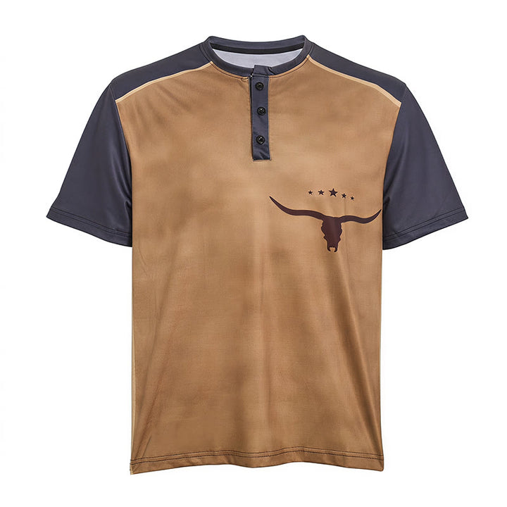 Men's Vintage Two-tone Western Bull Print Henley Shirt - image 9