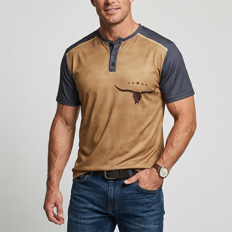 Men's Vintage Two-tone Western Bull Print Henley Shirt - image 1