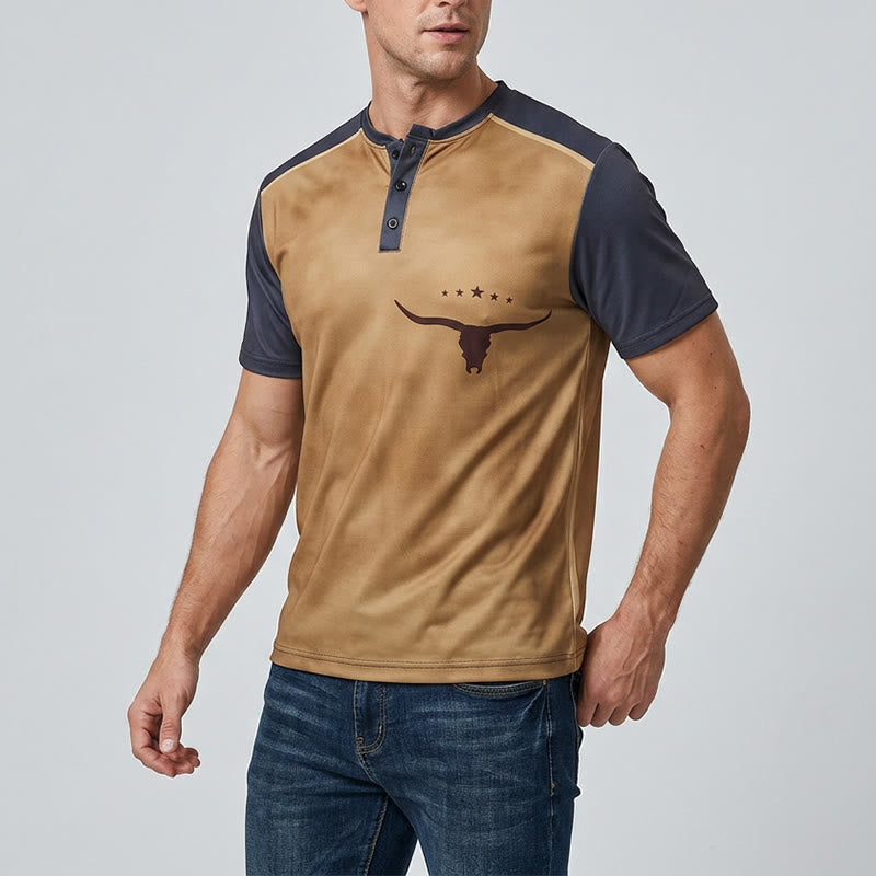 Men's Vintage Two-tone Western Bull Print Henley Shirt - image 2