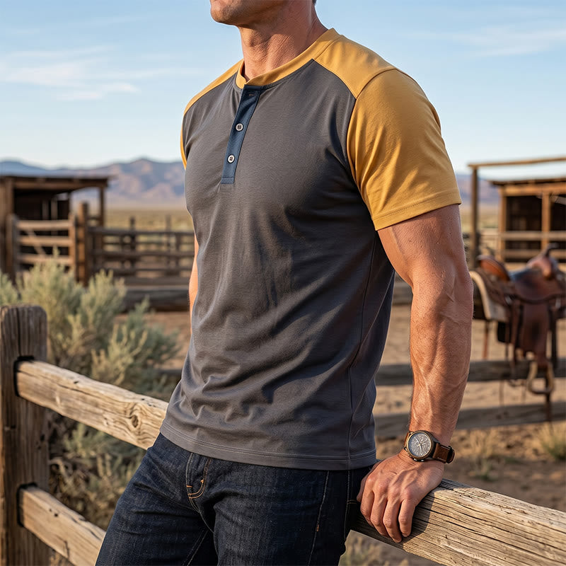 Men's Vintage Washed Summer Casual Henley Shirt - Khaki&Grey - 5XL - image 0