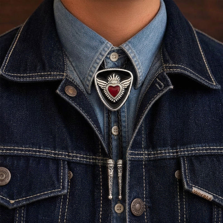Retro Western Winged Sacred Heart Bolo Tie - Black - image 4