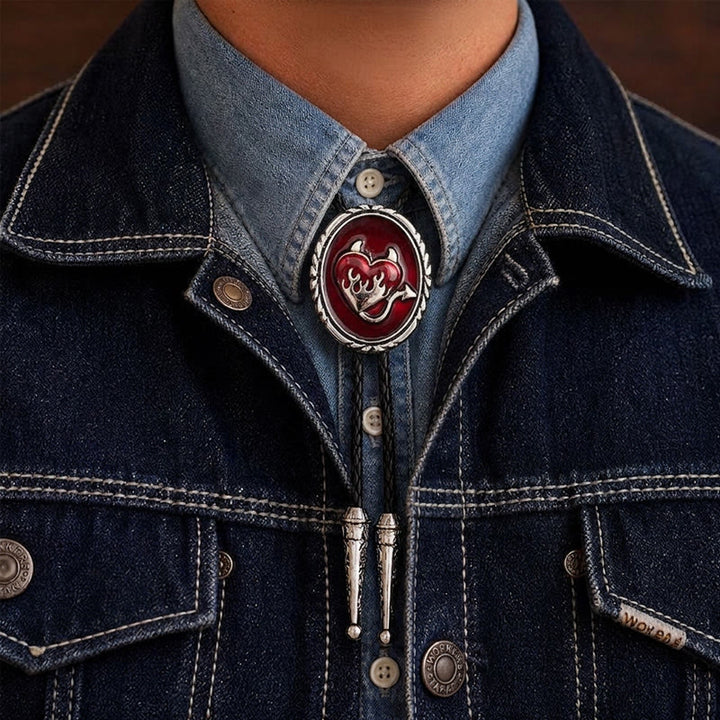 Devil's Flaming Heart Western Pendant Bolo Tie - Red - image 4
